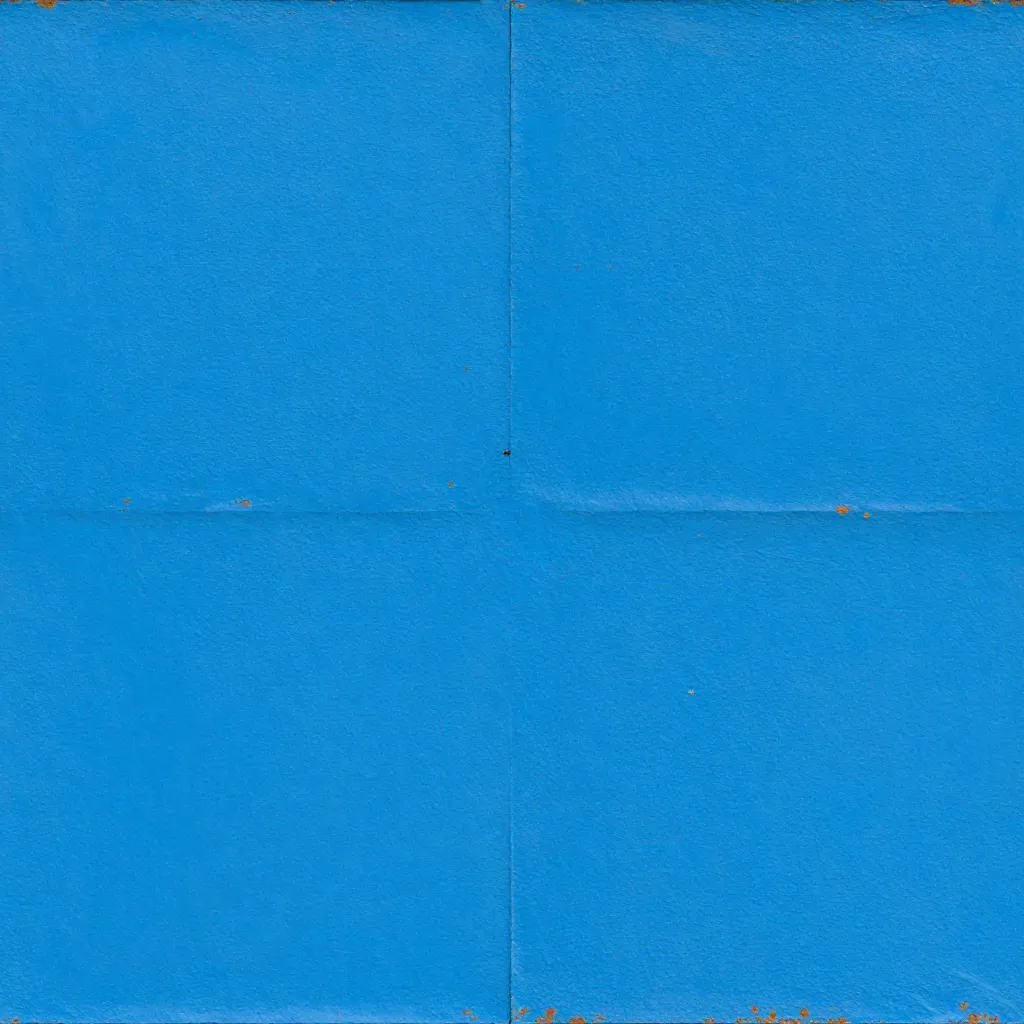 Azure painted steel panels with fine scratches, chipped edges, and restrained rust exposure.