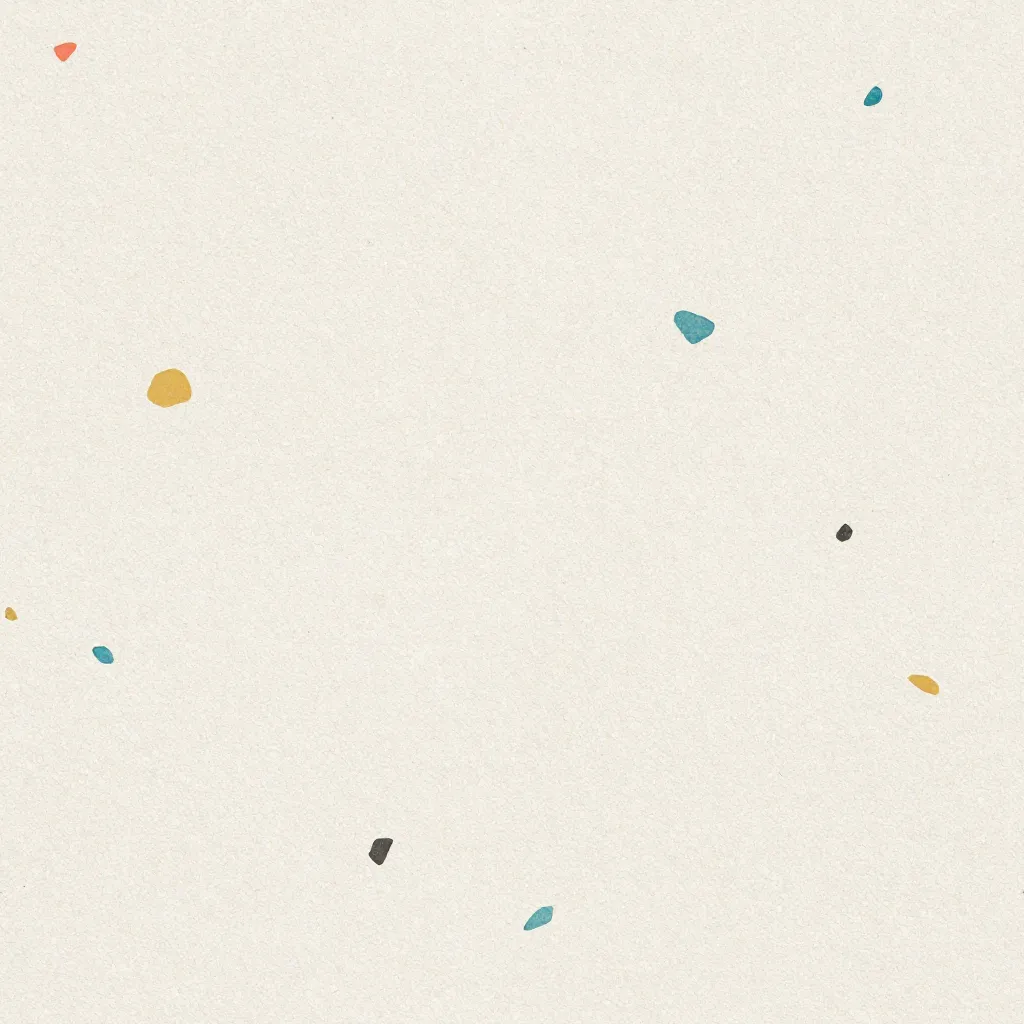 Off-white terrazzo surface with sparse coral, teal, mustard, and charcoal stone chips.