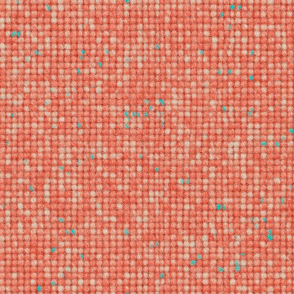 Dense coral bouclé fabric with cream loops and scattered turquoise yarn accents.