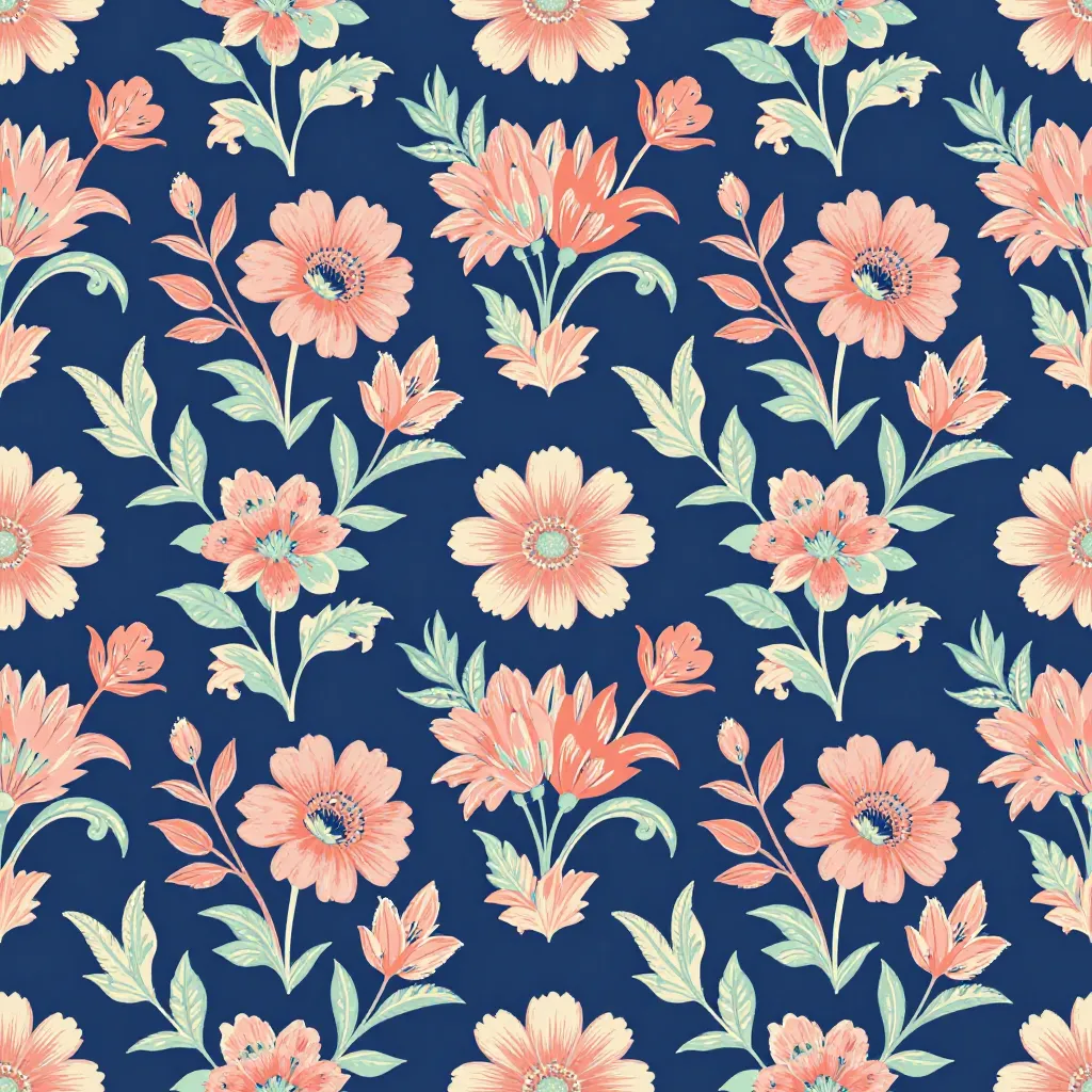 Coral and mint watercolor flowers repeating across a deep midnight-blue background.