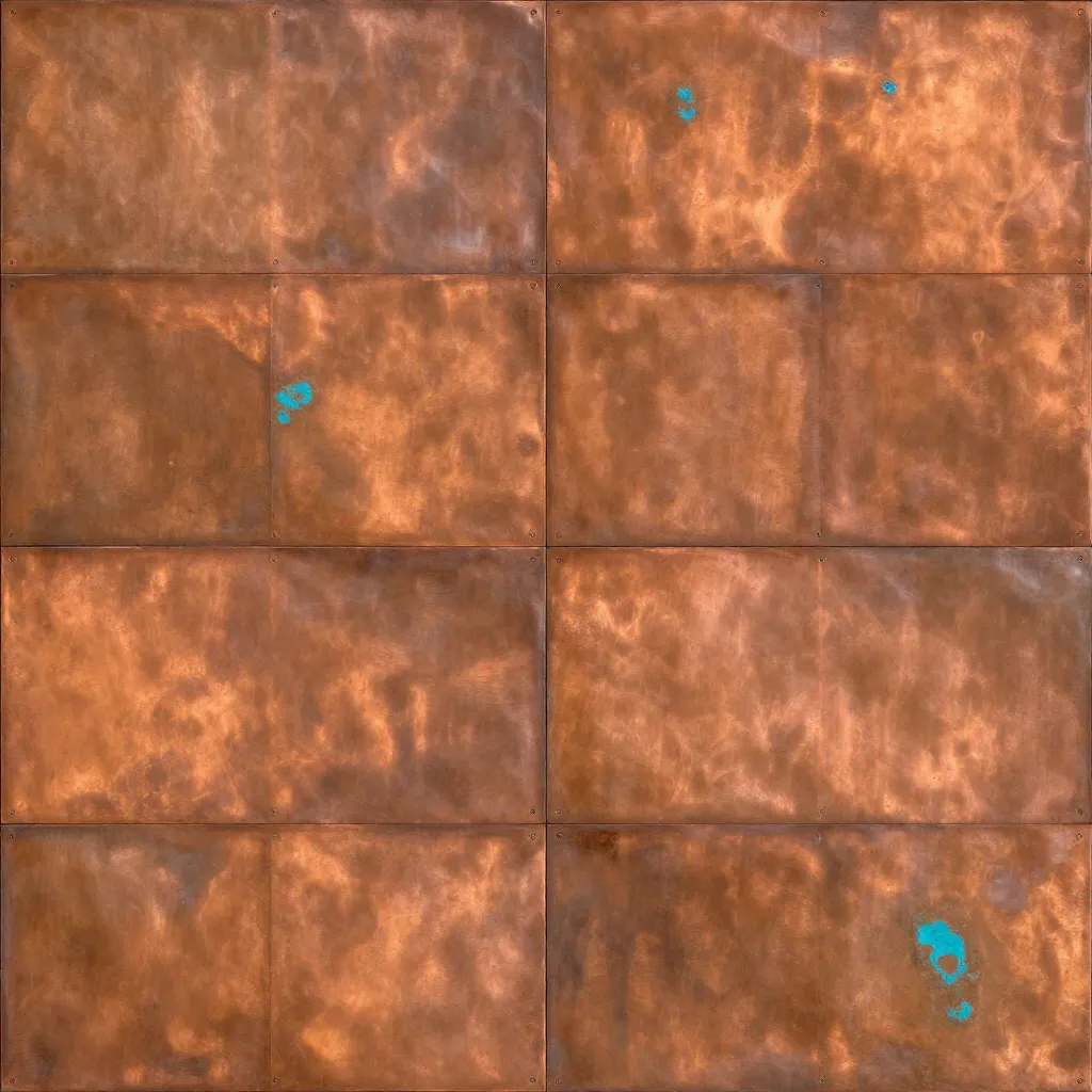 Warm copper panels with modular seams, small fasteners, patina, and turquoise oxidation spots.