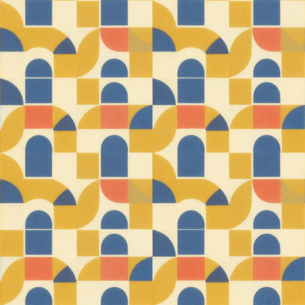 Mustard, blue, coral, and ivory arches and blocks arranged in a repeating geometric pattern.