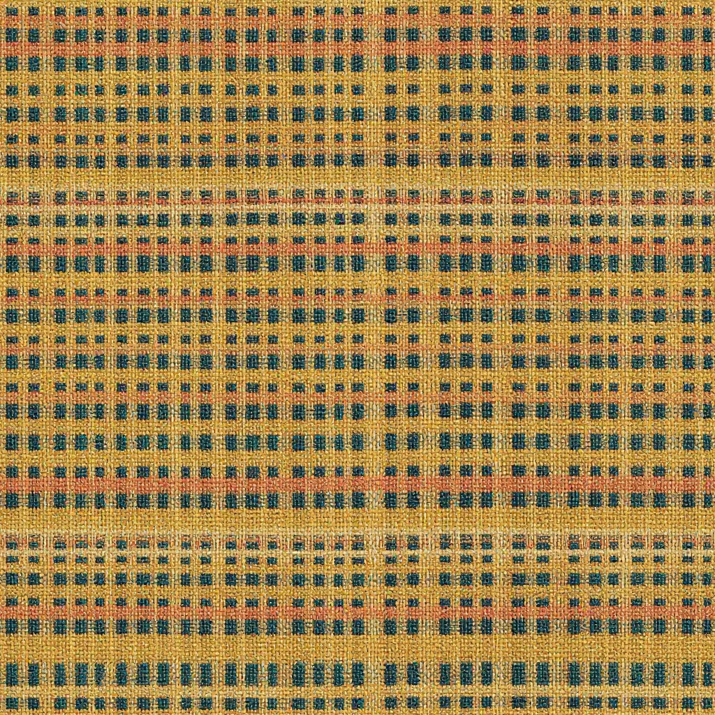 Tightly woven saffron, teal, coral, and ivory jacquard with a small repeating geometric grid.