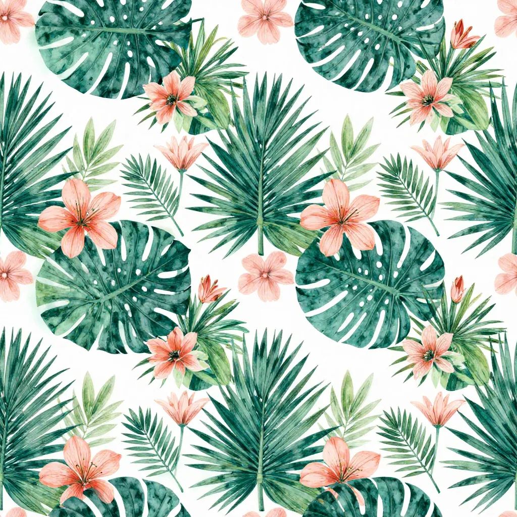 Dark green monstera and palm leaves with coral flowers repeating over a white background.