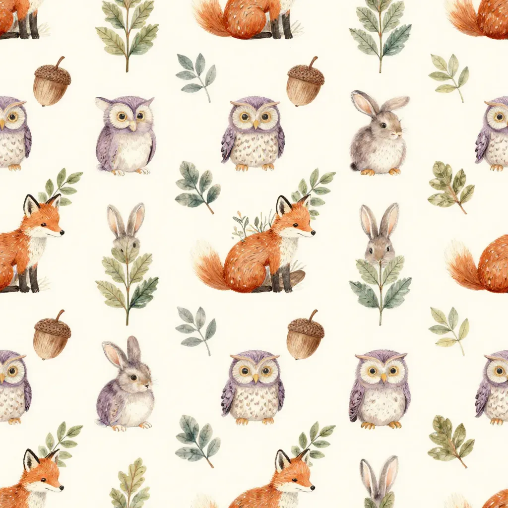 Watercolor foxes, rabbits, owls, acorns, and leafy sprigs repeating on a warm ivory background.