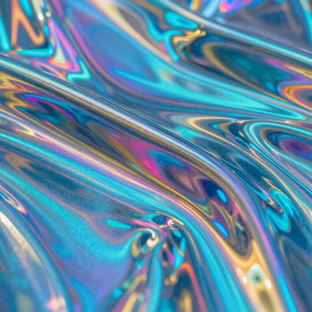 Flowing liquid metal with vibrant cyan, magenta, gold, and holographic reflections.