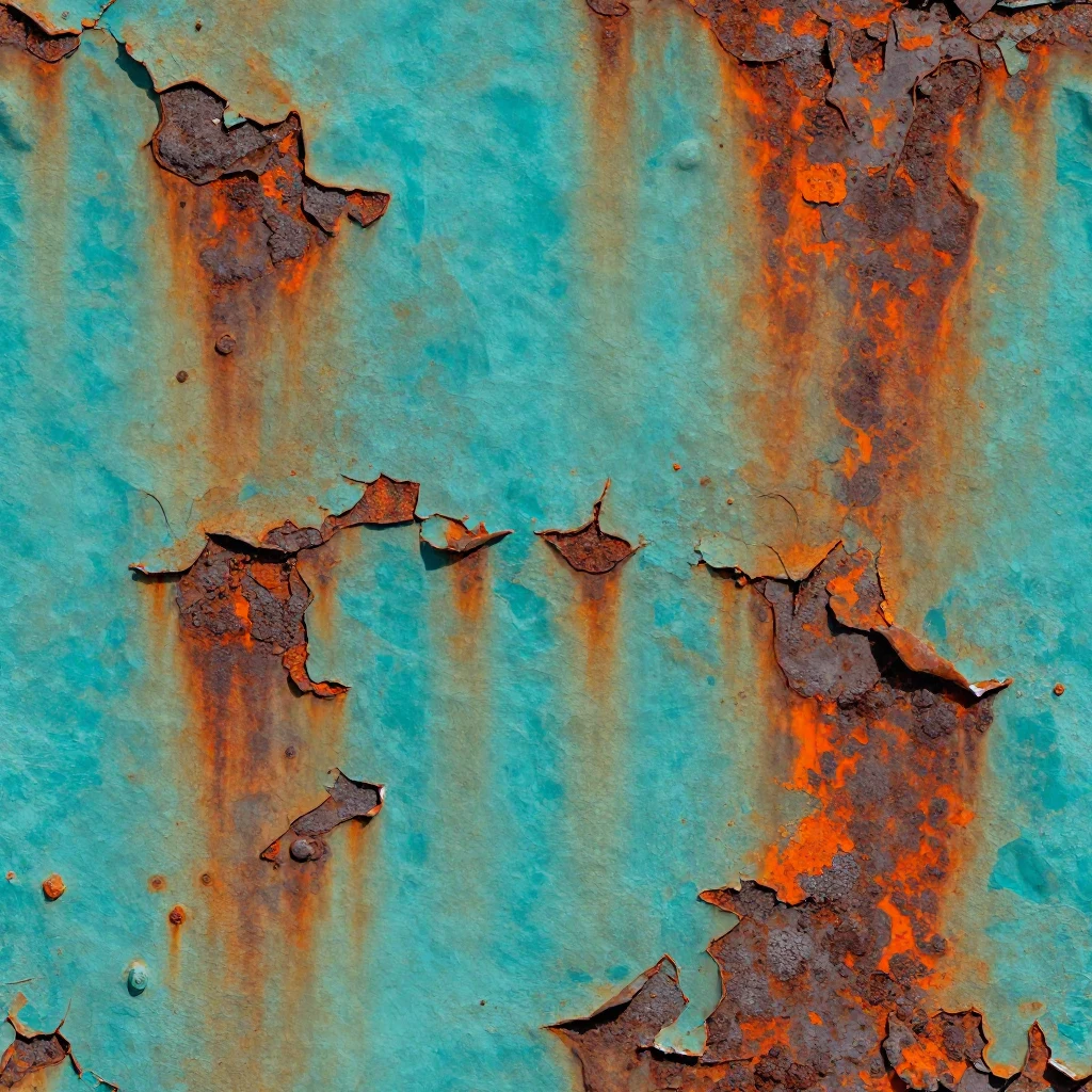 Industrial iron plate with peeling teal paint, deep pits, and saturated orange rust.