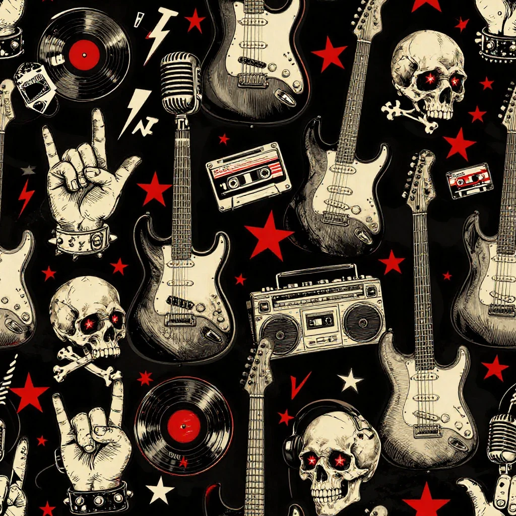 Cream and red guitars, skulls, microphones, cassettes, and rock icons on black.