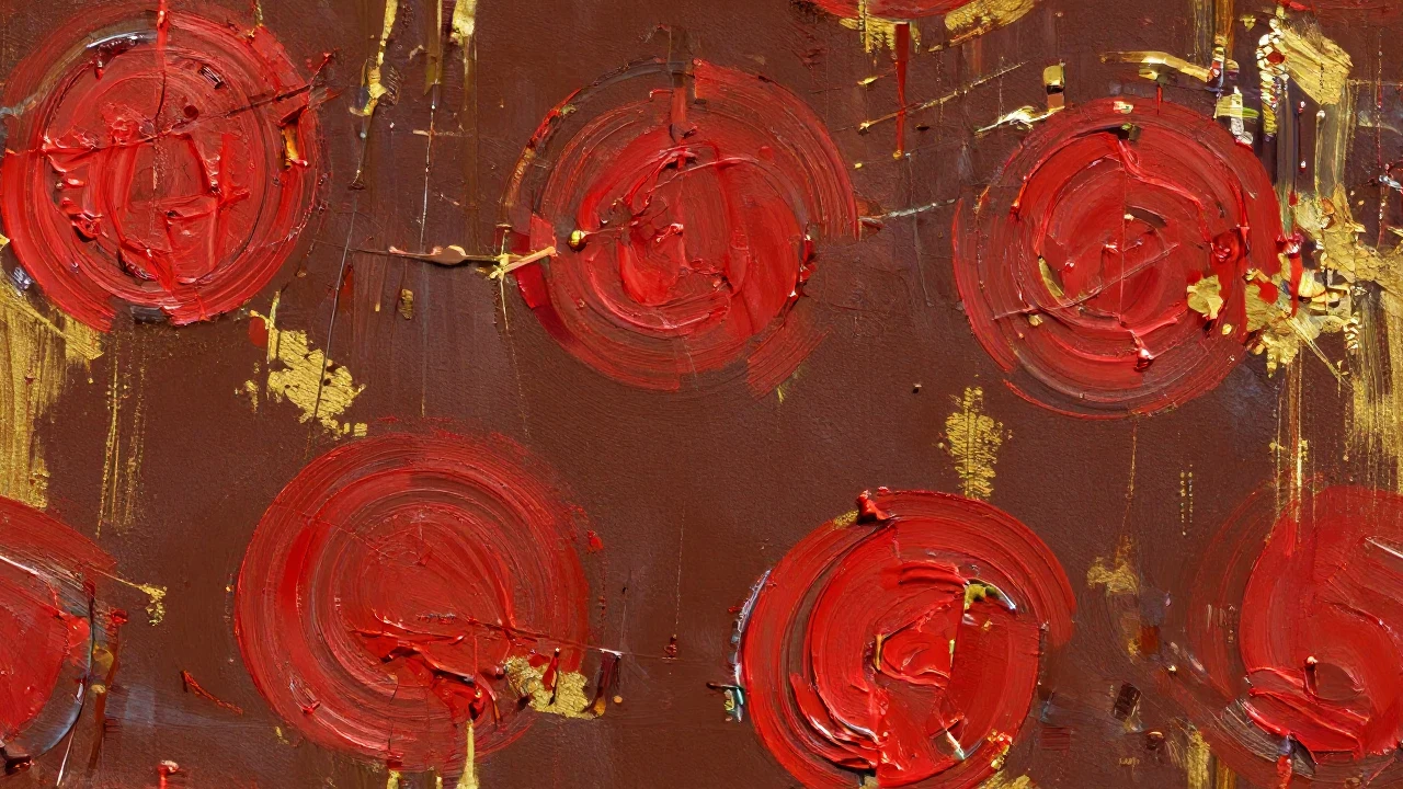 Dense reflective red circles and thick gold brushstrokes on dark brown paint.