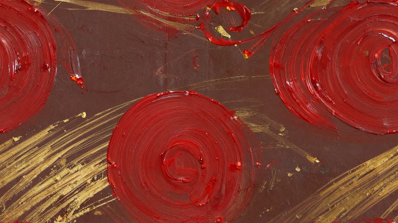 Three red painted circles crossed by a diagonal gold brushstroke on dark brown.