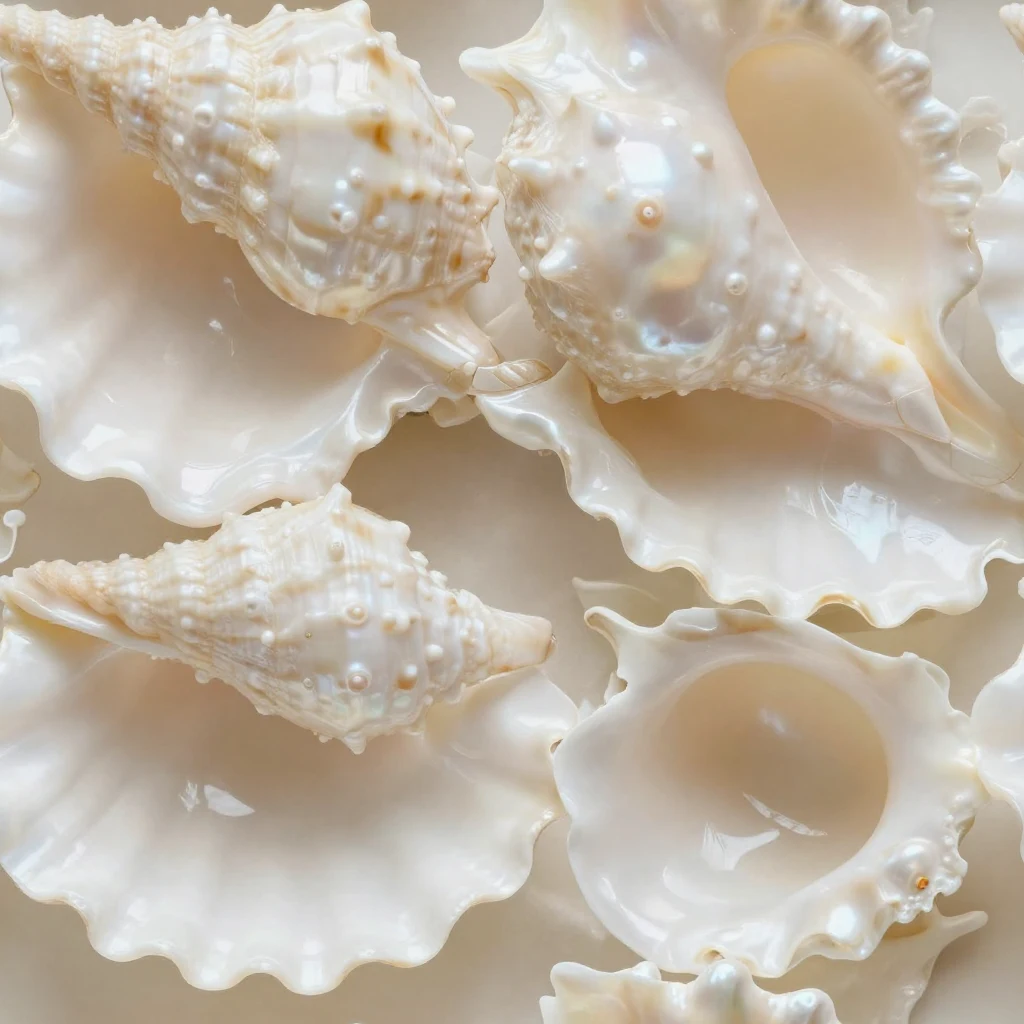 Overlapping ivory seashell interiors with smooth luminous pearl and nacre layers.