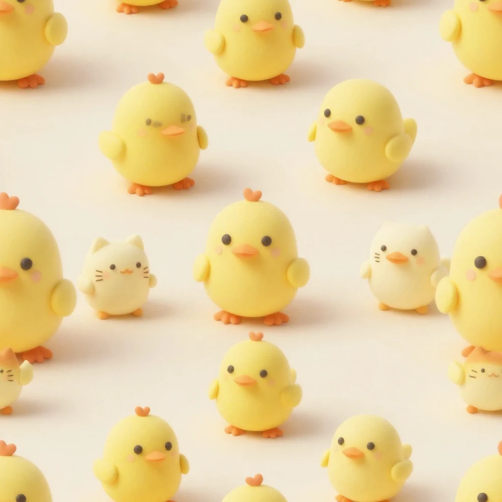 Minimal clay chicks, ducks, and round cats repeating in bright marigold yellow.
