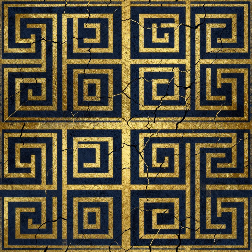 Navy geometric maze lines with distressed metallic gold cracks in an Art Deco repeat.