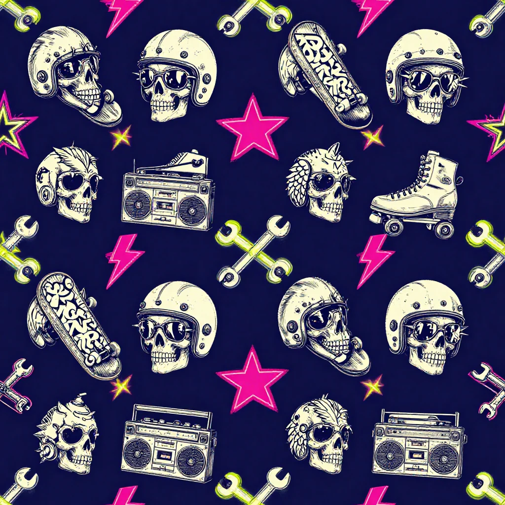 Retro skateboards, helmets, skulls, boomboxes, and neon punk icons on navy.