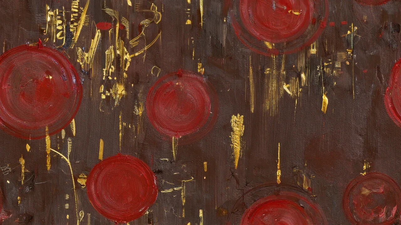 Red painted circles and gold abstract brushstrokes over a dark brown surface.