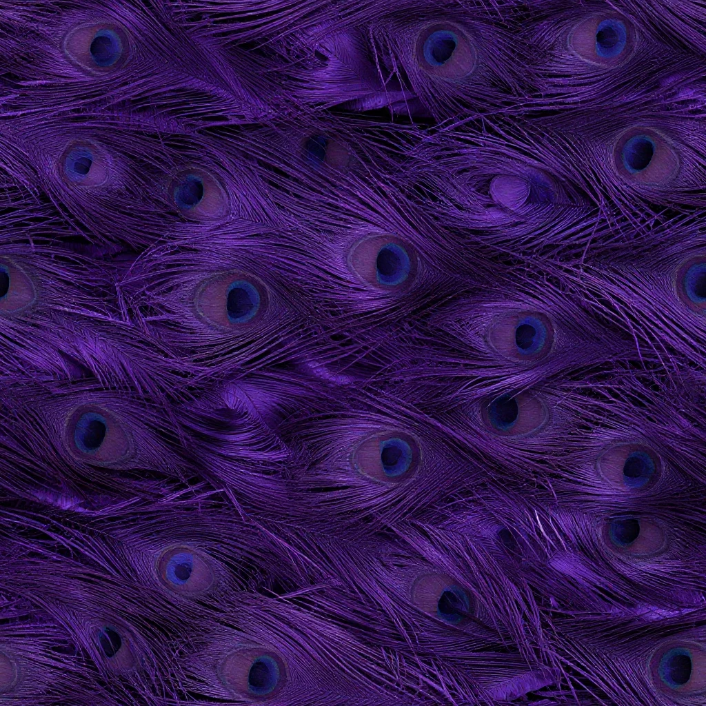 Layered royal-purple peacock feathers flowing across a seamless repeat.