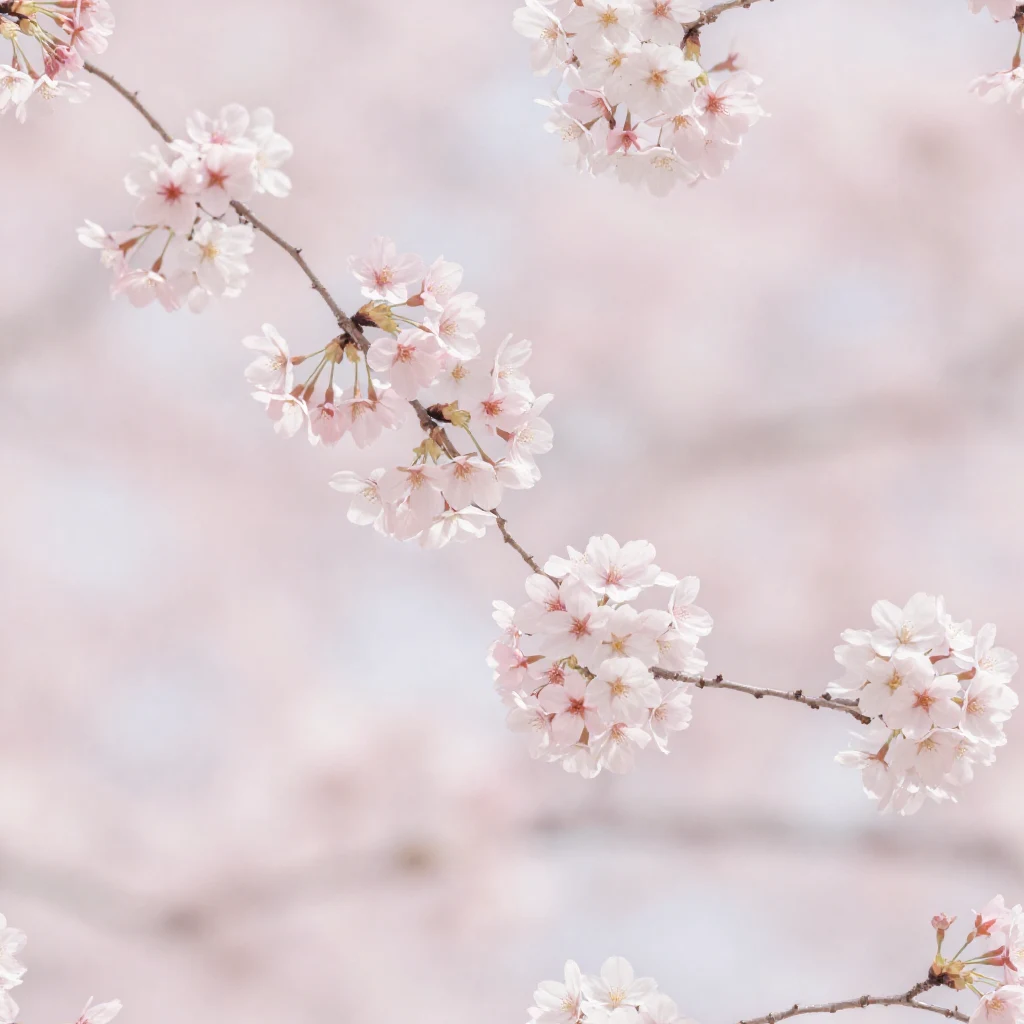 Soft pink and white sakura blossoms drifting along curved branches on a pastel ground.