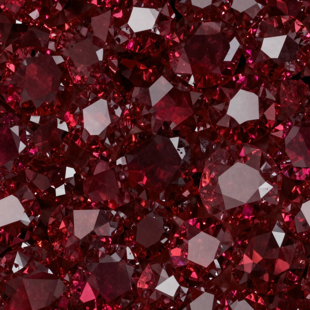 Deep ruby crystal surface with faceted gemstone structures and glossy highlights.