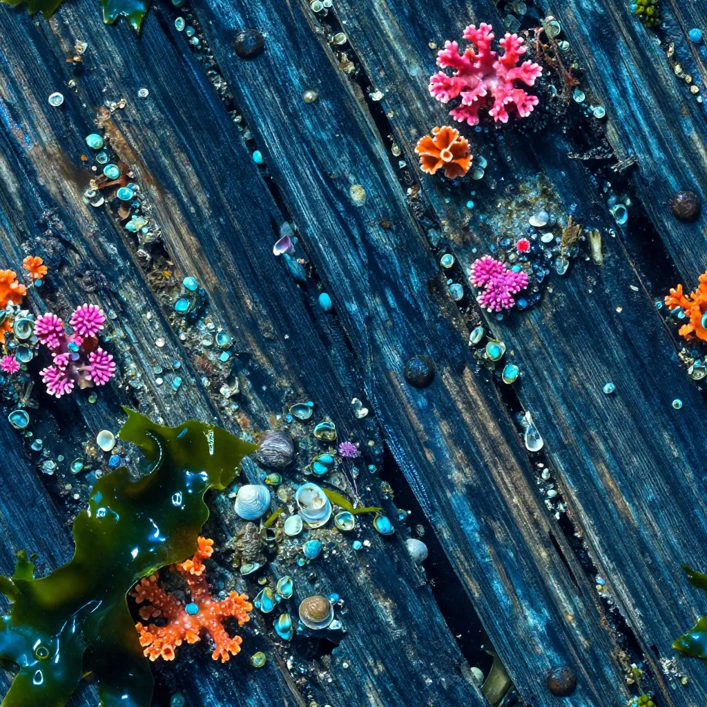 Waterlogged navy shipwreck planks covered with coral, barnacles, kelp, and iron rivets.